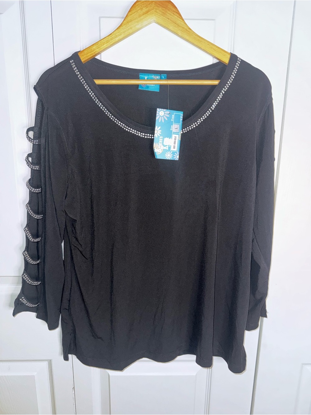 Women’s Black Scoop Neck Top with Rhinestone Trim and Sleeve Cutouts